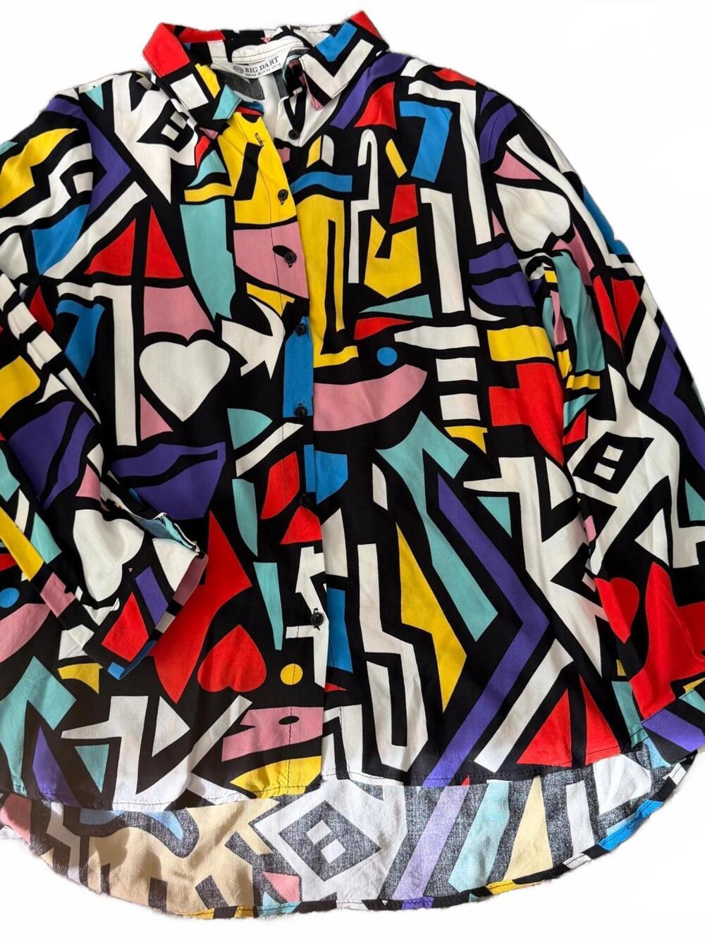 Vintage Big Dart Size 12 Multicolor Abstract Geometric Button Up Blouse